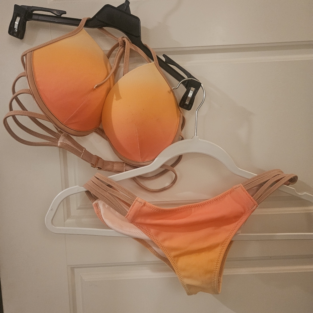 Shade & Shore Push Up Bikini Size 34C Padded Orange and Pink Swimwear 2 Piece